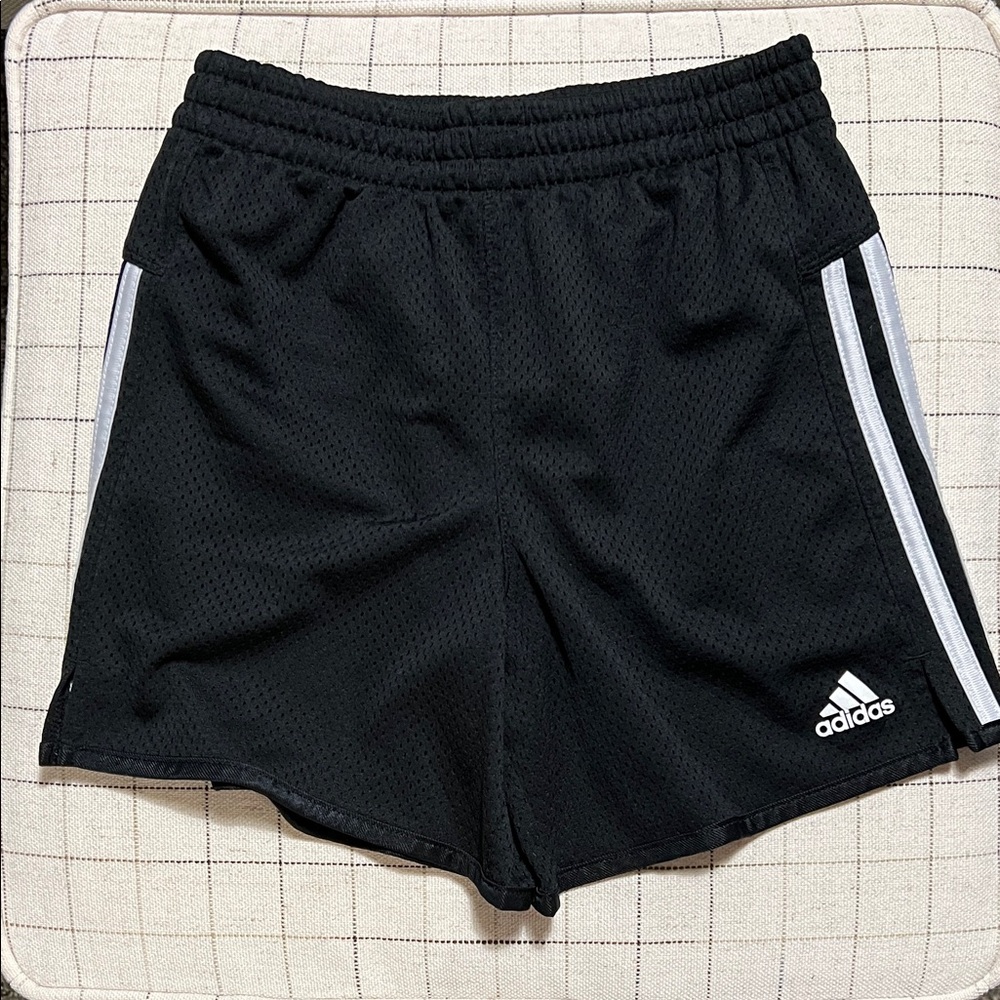 Adidas Girls’ Black 5” Mesh Shorts with White Stripes, Size Small - 7/8